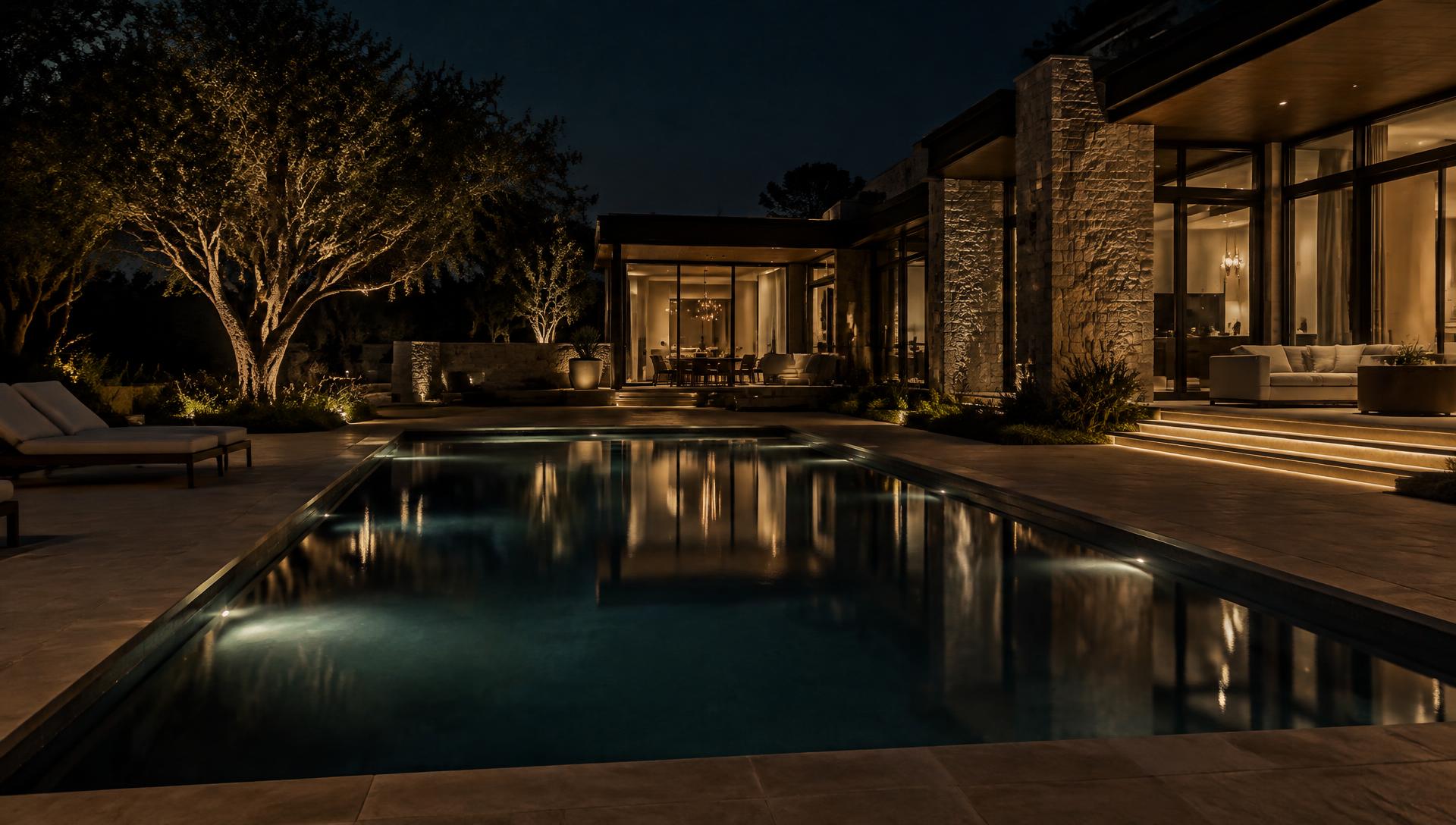 Modern Houston backyard pool lit at night